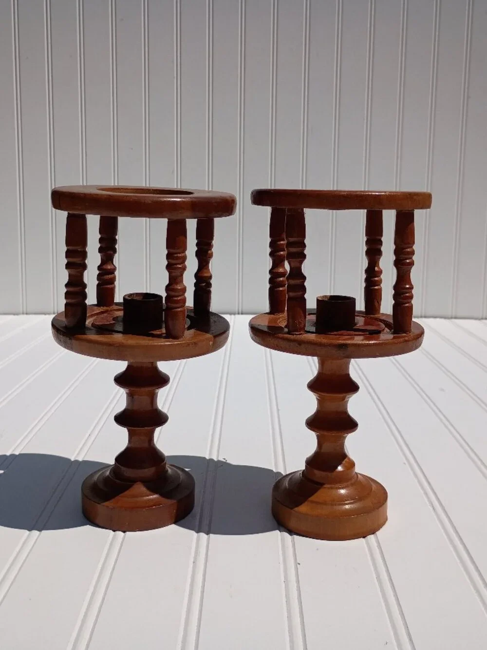 Vintage Turned Wood Candle Holder Pair Cage Spindle Taper Rustic Farmhouse MCM